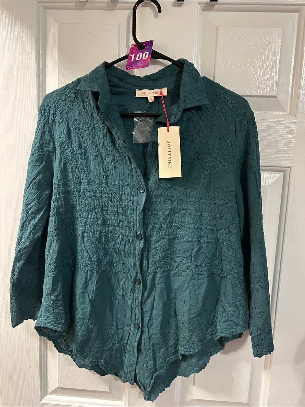 Solitaire Teal Green Button-Down Embroidered Blouse